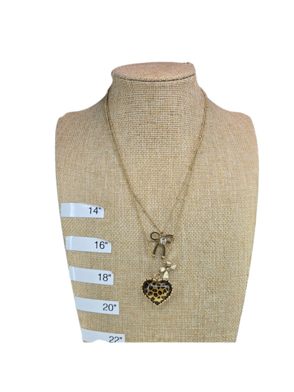 Betsey Johnson Necklace Goldtone Puffy Heart Animal Print Crystal Bow Charm